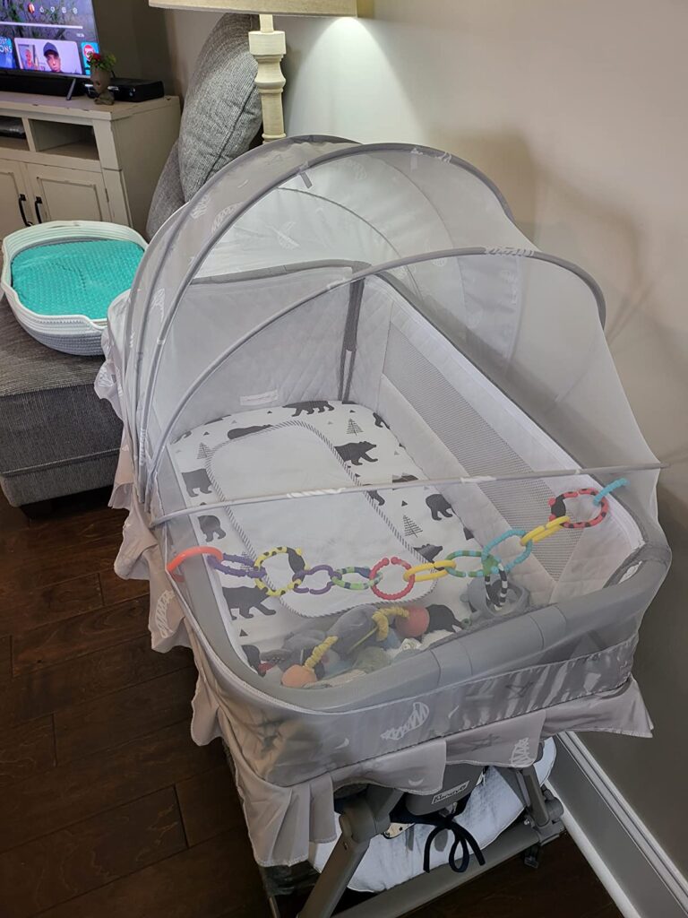 This portable canopy cover is wonderful! We have a 4 month old sleeping in a bassinet, and his 18 month oldest sister loves to throw her toys and snacks in there with him. This easily opens when he is in the bassinet, and completely covers the top so nothing can get in.  Being portable and folding up makes it easy to bring with anywhere that baby might need to stretch out. Great purchase!!!...Madam Jewel Lagos ⭐⭐⭐⭐⭐
